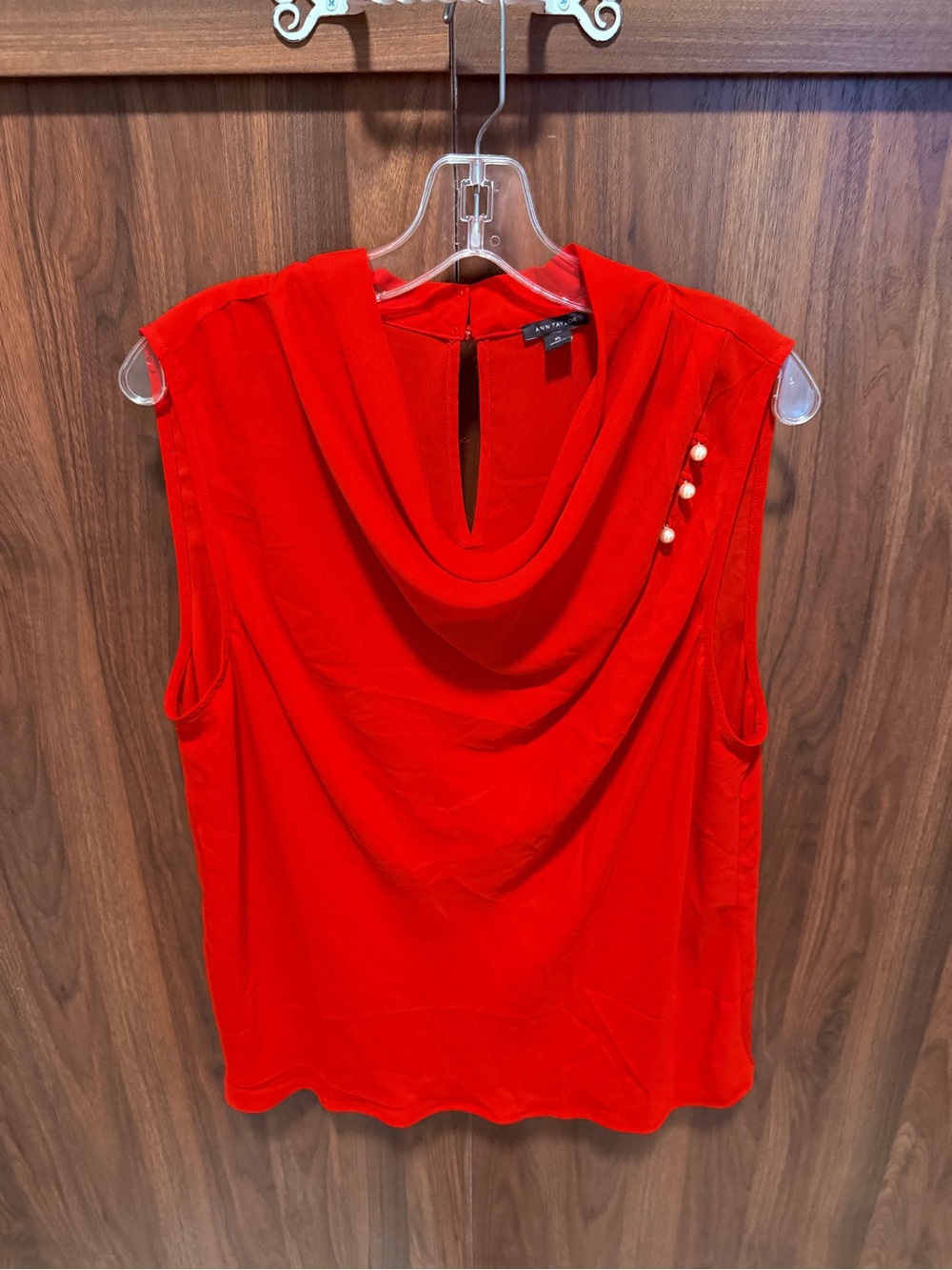 Ann Taylor Red Sleeveless Cowl Neck Shell with Pearl Buttons, Size XL